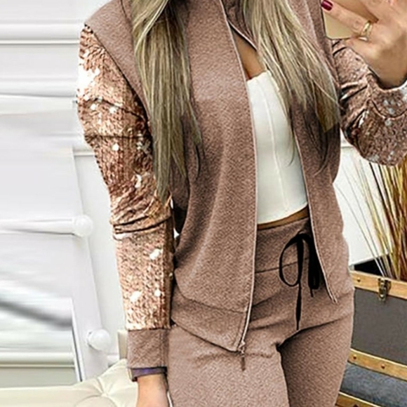 NWOT Sequin jacket and pants set-Tan - Picture 2 of 7
